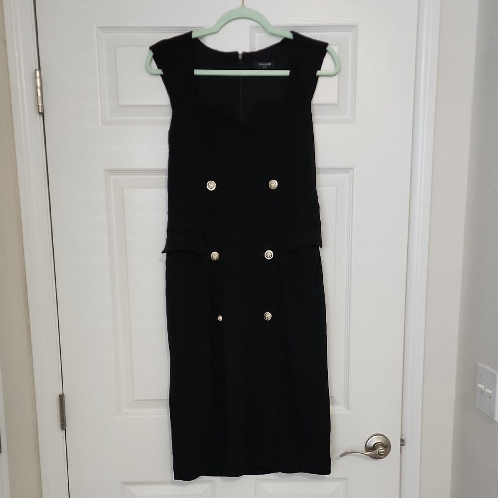 Tahari Chic Black Midi Dress with Button Accents